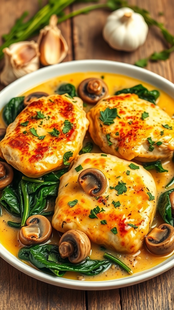Delicious Zero Carb Dinner Recipes Creamy chicken thighs with mushrooms and spinach on a rustic plate, garnished with herbs.